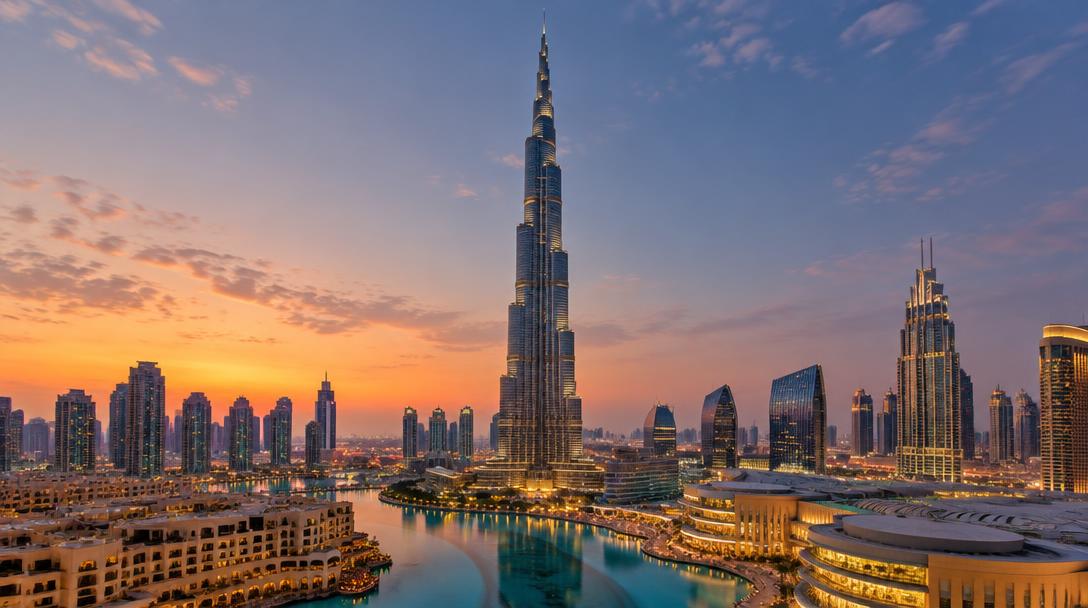 Arranha-céu Burj Khalifa ao entardecer, em Dubai