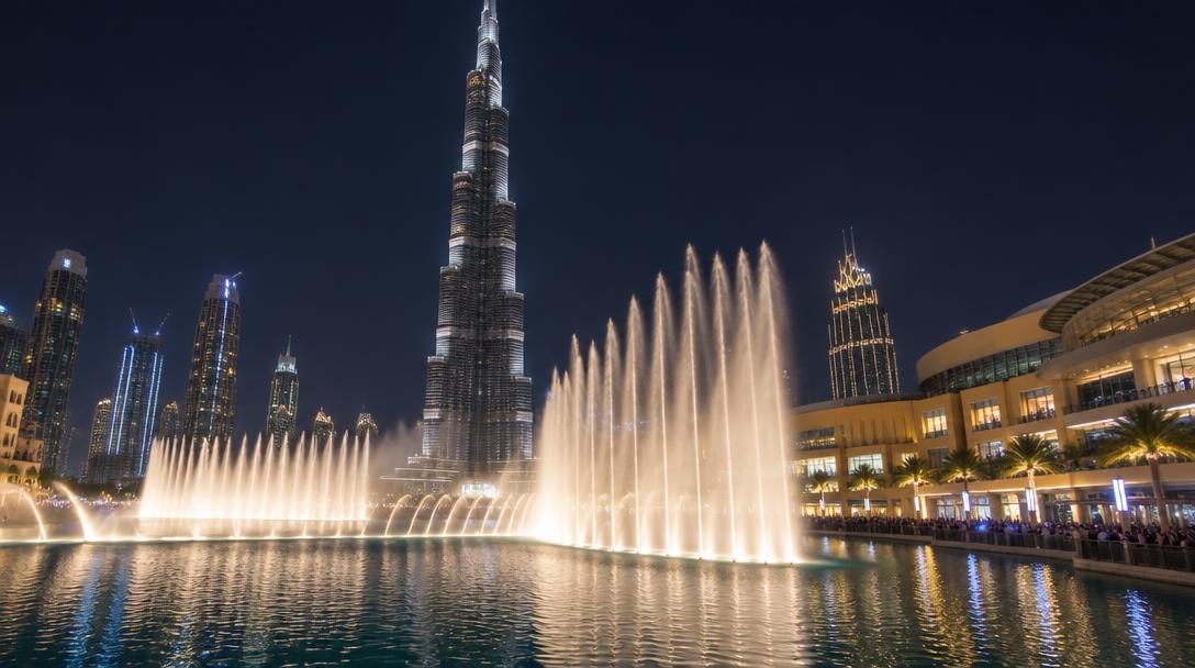 Show noturno da Dubai Fountain ao lado do Dubai Mall