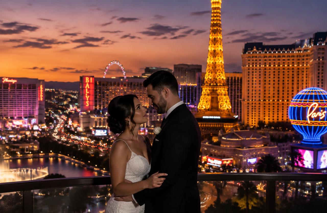 Casal de noivos com a Strip de Las Vegas ao fundo