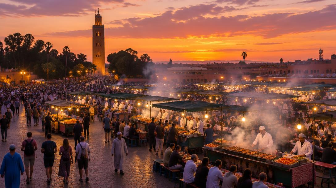 Praça Jemaa el-Fnaa ao entardecer, em Marrakech