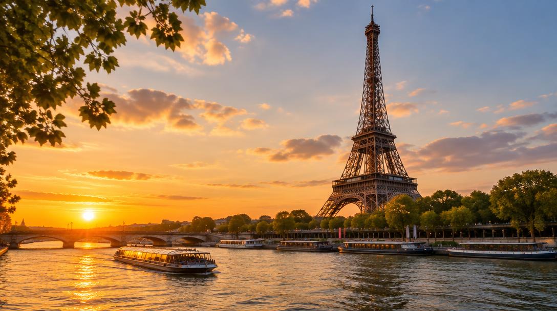 Torre Eiffel e cruzeiro pelo rio Sena ao pôr do sol, em Paris