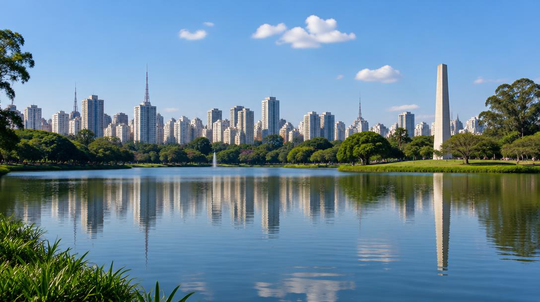 Lago do Parque Ibirapuera e horizonte de São Paulo