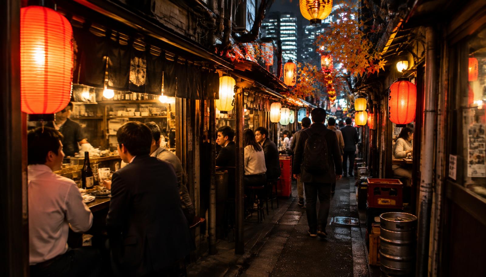 Viela gastronômica iluminada por lanternas em Shinjuku, à noite