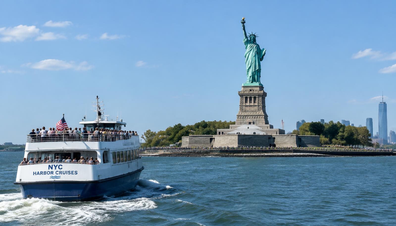 Balsa se aproximando da Estátua da Liberdade, em Nova York